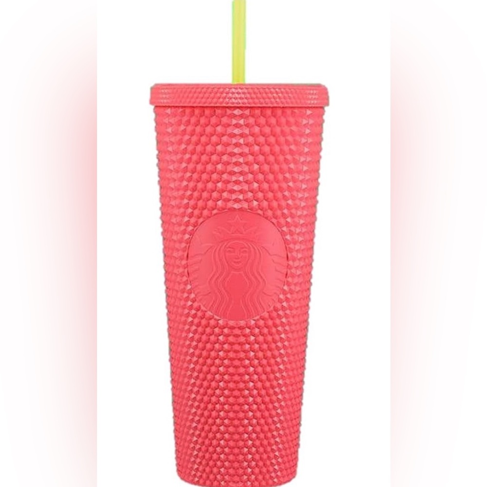 Pink dragonfruit studded Starbucks tumbler with straw